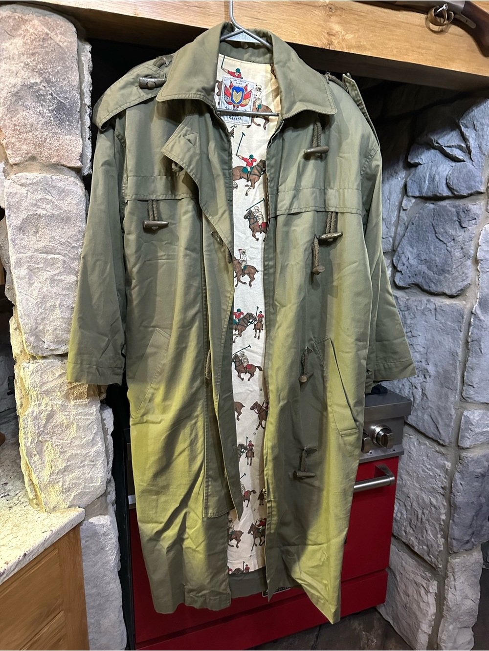 Vintage Olive Green Trench Coat with Equestrian Print Lining